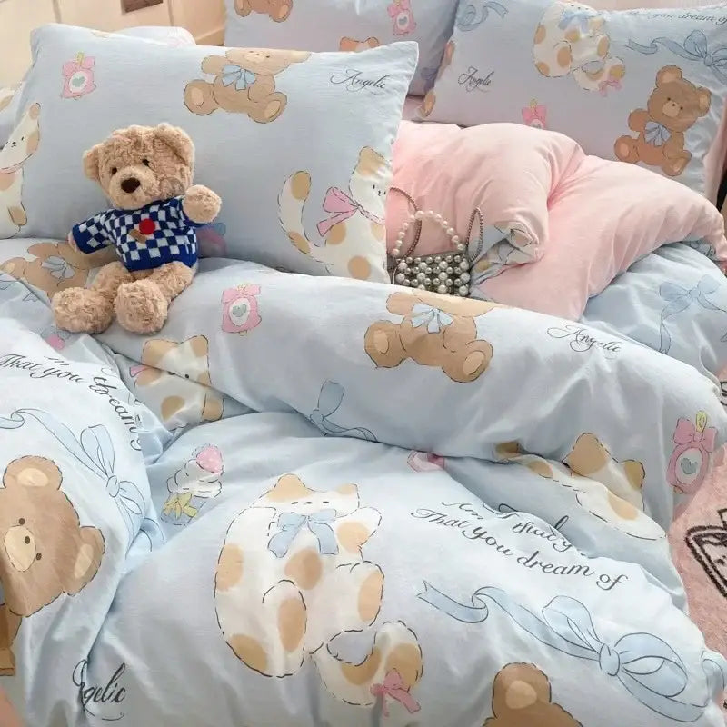 Light blue teddy bear-themed comforter set with soft plush fabric and pastel accents from decorbites cozy cartoon printed collection