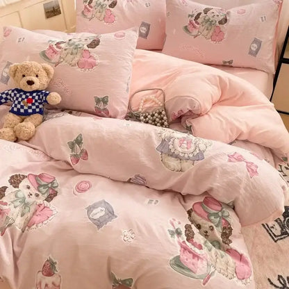 Pink floral lace cotton comforter set featuring cozy cartoon printed dogs and strawberry motifs for bedroom decorbites cozy cartoon