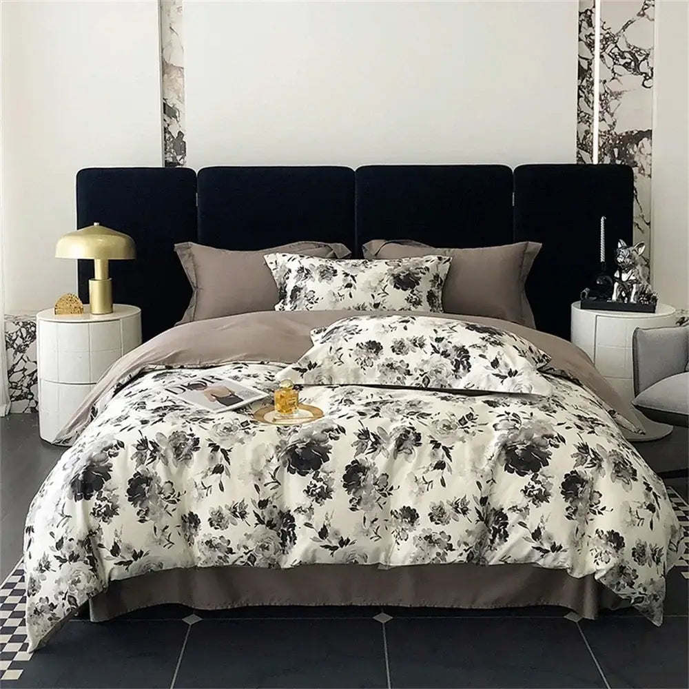 Black and white floral duvet cover set with soft satin finish in decorbites colorful egyptian cotton bedding set decor