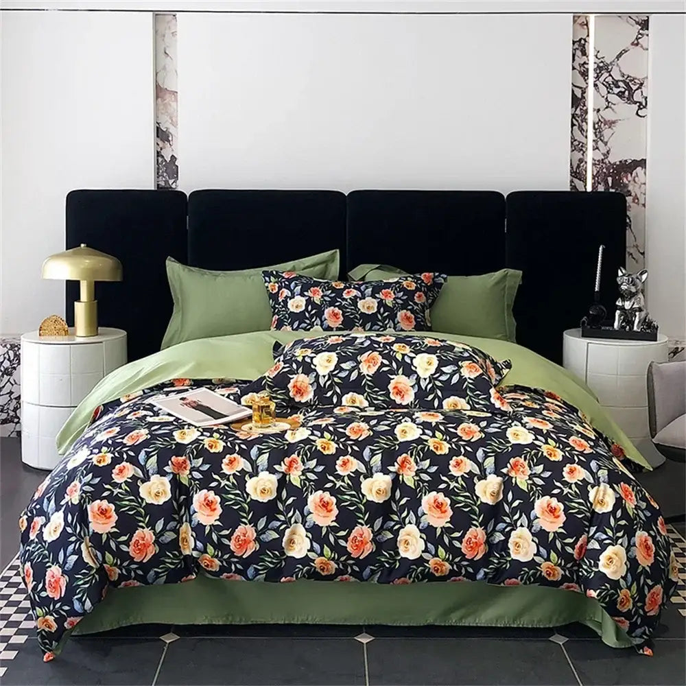Black floral duvet cover with peach and cream roses and satin-lined green interior in decorbites colorful egyptian cotton bedding set