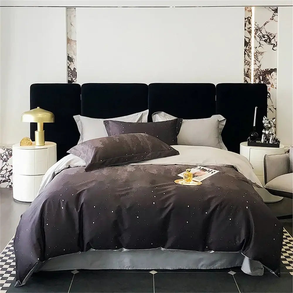 Black starry-patterned satin duvet cover set with gray accents for colorful egyptian cotton bedding set decorbites decor