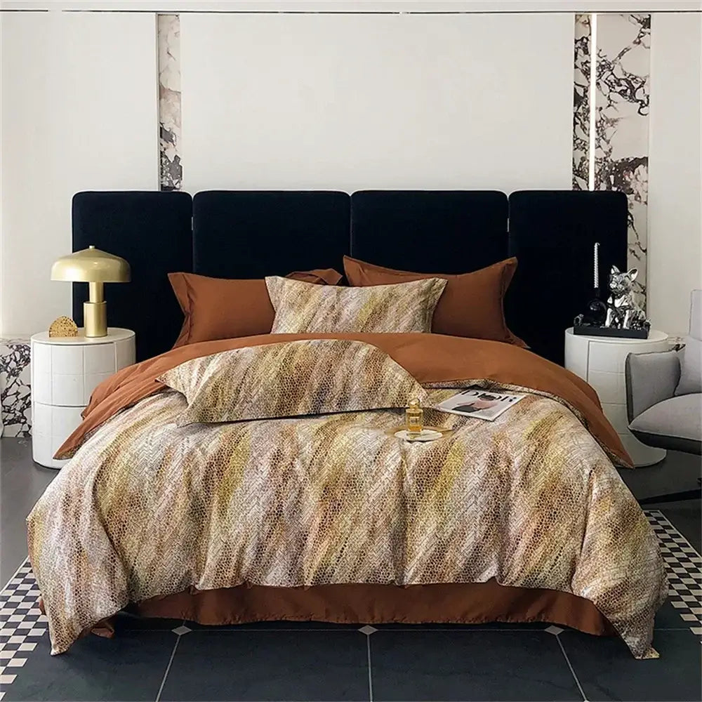 Brown and beige patterned duvet set with textured woven design in decorbites colorful egyptian cotton bedding set