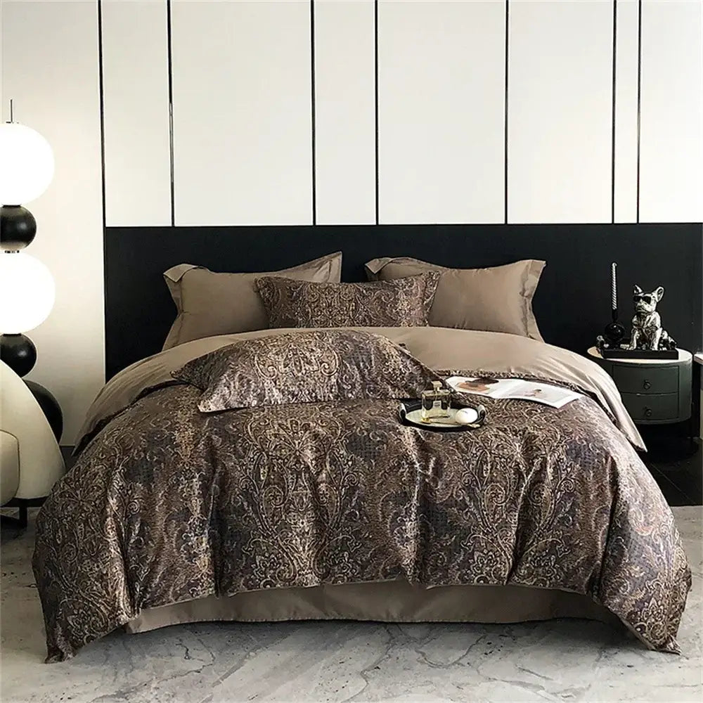 Brown velvet duvet cover with intricate gold paisley pattern showcasing decorbites colorful egyptian cotton bedding set