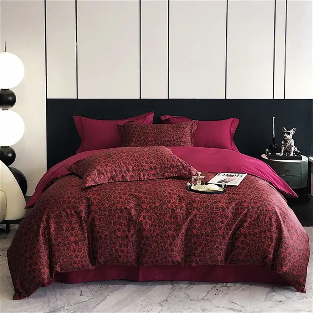 Burgundy damask-patterned satin bedding set featuring colorful egyptian cotton for elegant bedroom decorbites decor