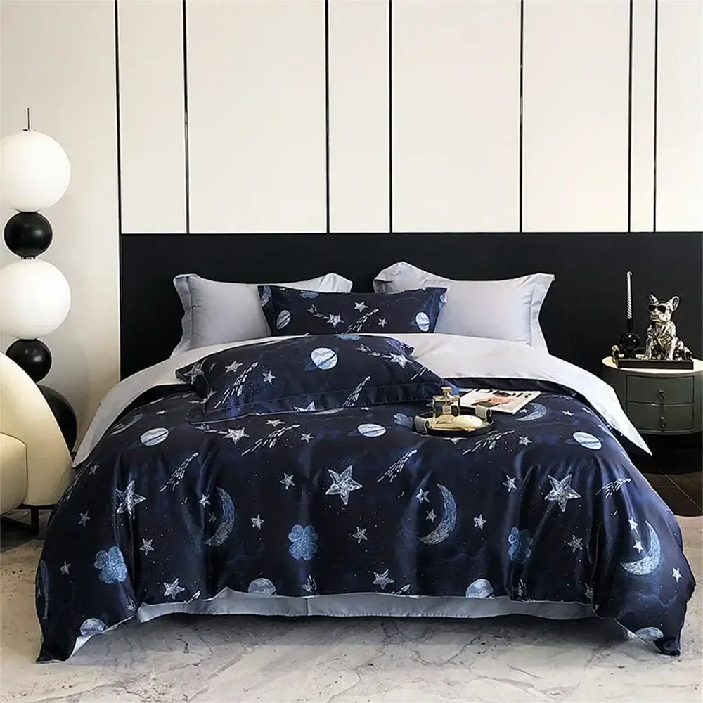 Dark blue satin bedding set with celestial patterns in colorful egyptian cotton for elegant bedroom decorbites decor