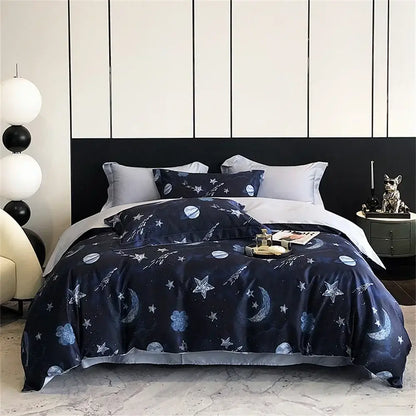 Dark blue satin bedding set with celestial patterns in colorful egyptian cotton for elegant bedroom decorbites decor