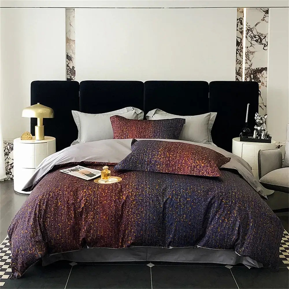 The pink floral satin egyptian cotton bedding set features a burgundy to navy gradient with gold-threaded detailing decorbites colorful egyptian cotton