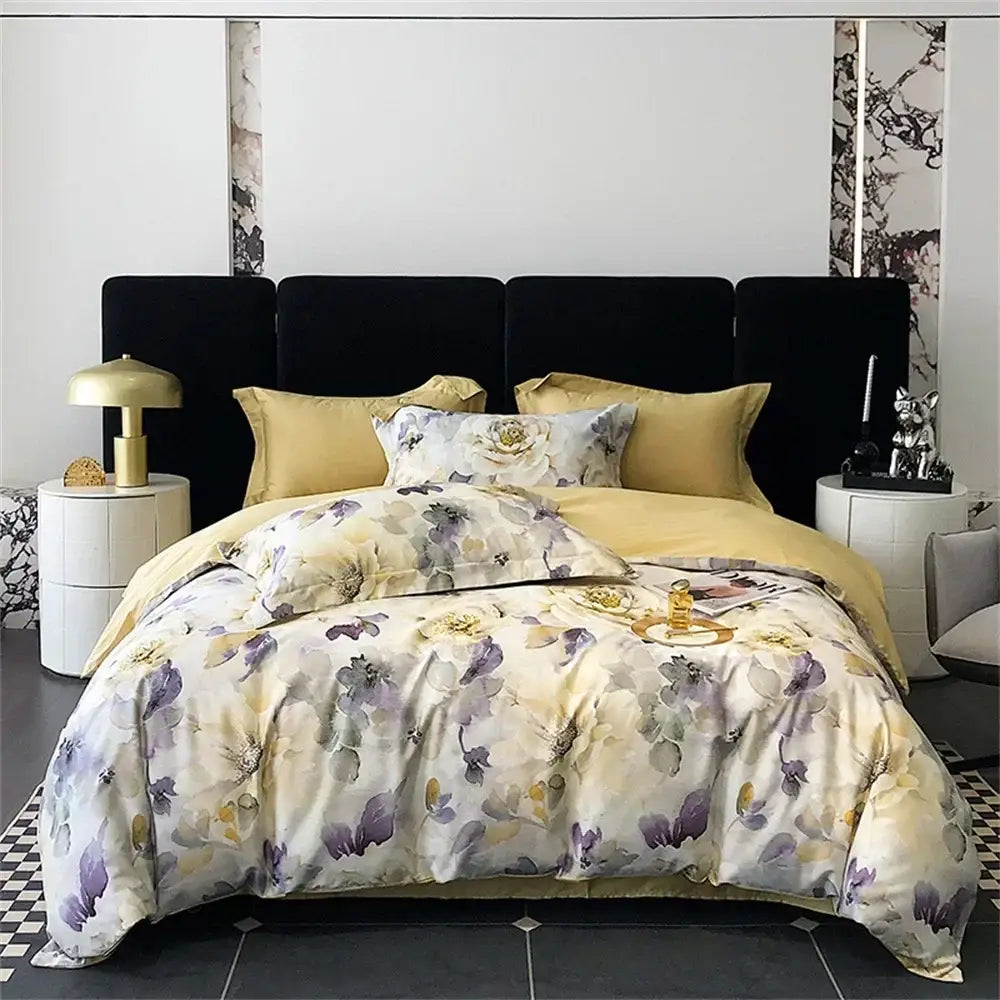 Elegant cream satin duvet cover with purple gold floral pattern and matching pillows in colorful egyptian cotton bedding set decorbites