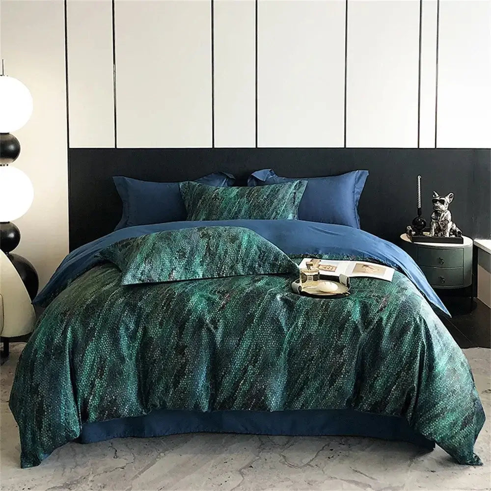 Emerald green and navy blue snakeskin patterned bedding set for decorbites colorful egyptian cotton bedroom decor