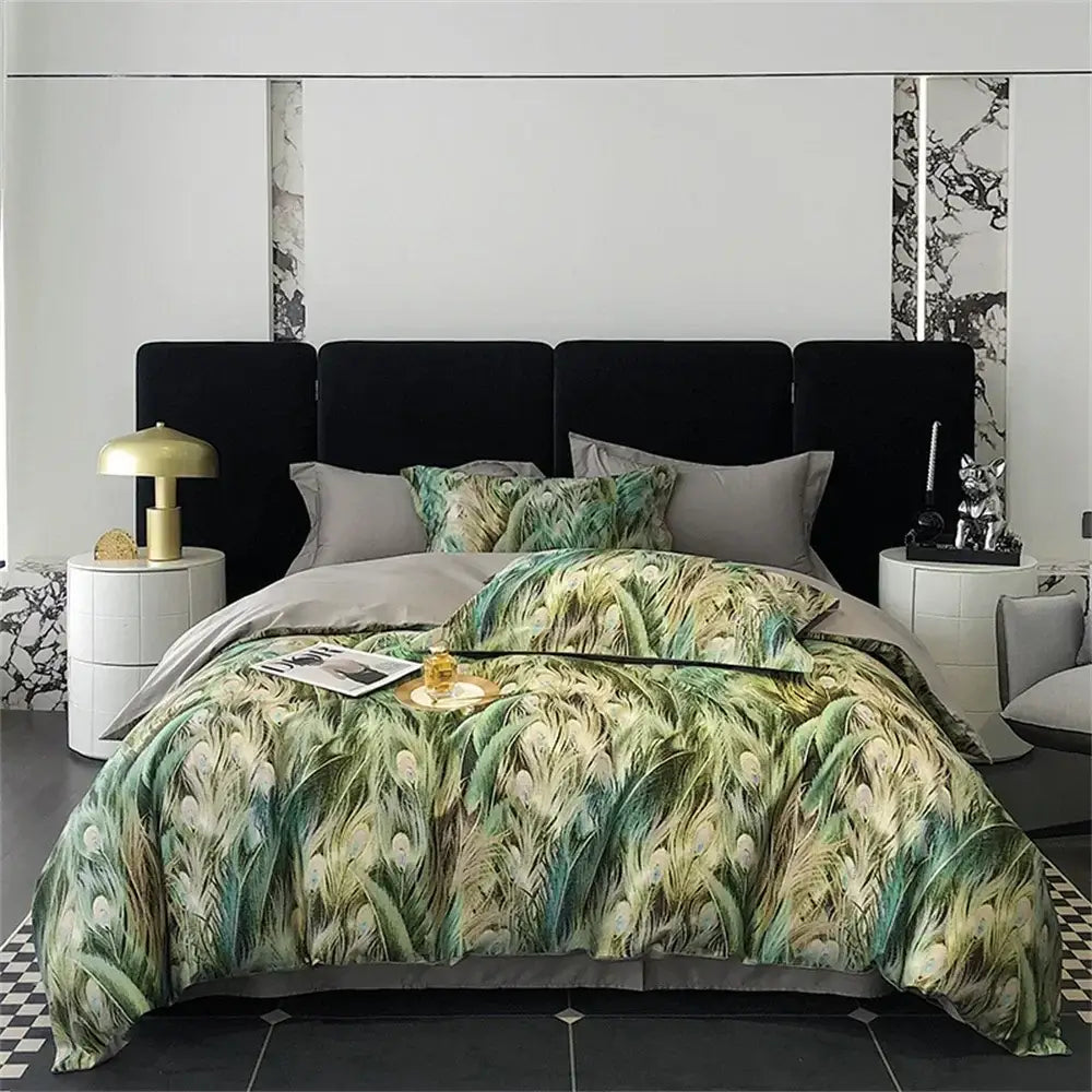 Peacock feather-patterned duvet cover in green and cream tones with a satin finish in colorful Egyptian cotton bedding set decorbites