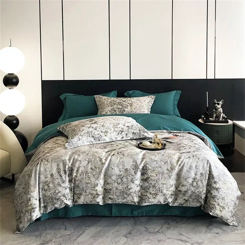 Teal and gray floral patterned satin finish bedding set in colorful egyptian cotton for elegant bedroom decorbites decor