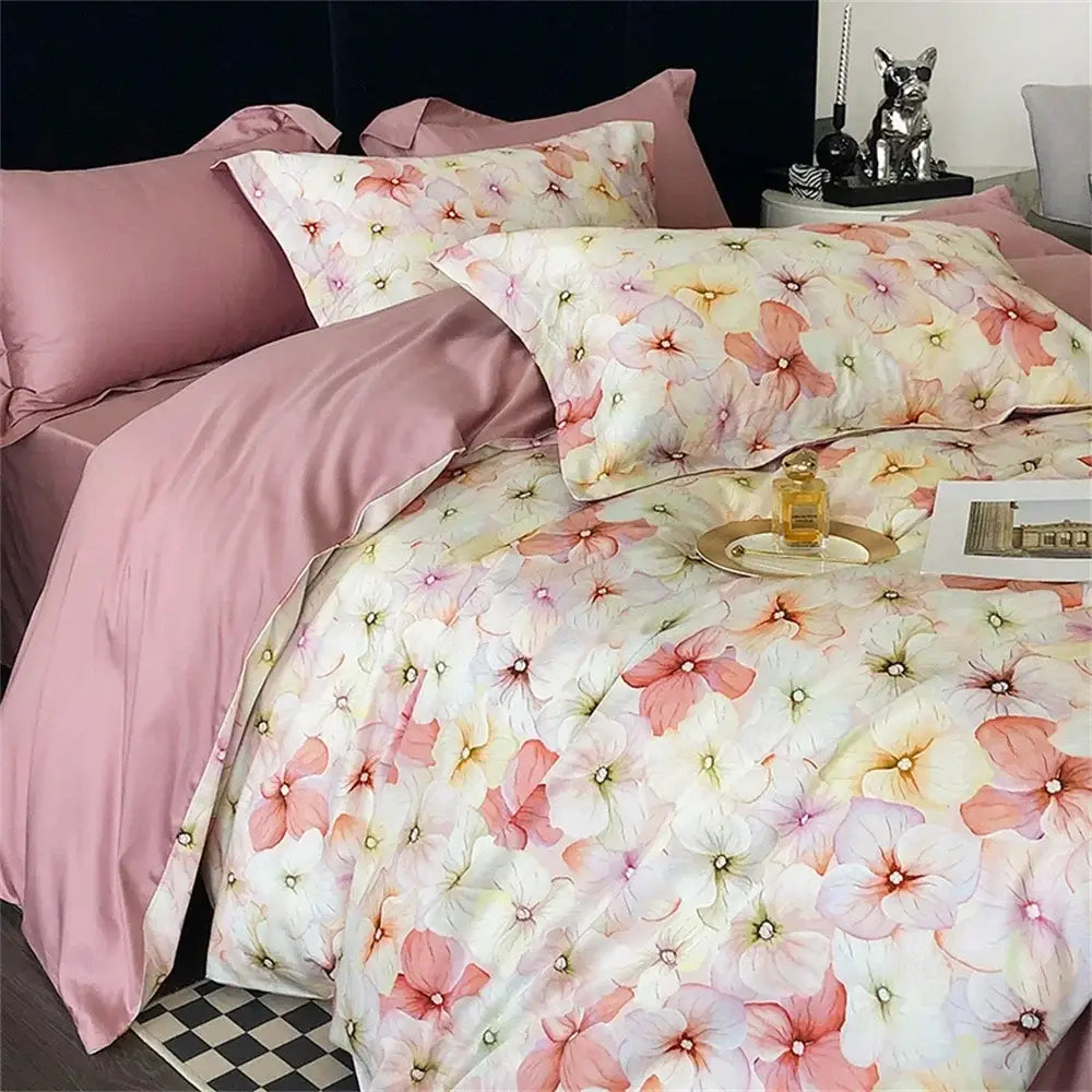 Pink and white floral patterned satin finish colorful egyptian cotton bedding set by decorbites for bedroom decor