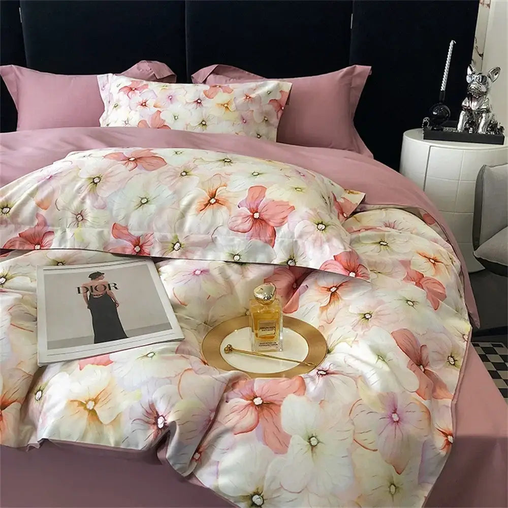 Pink and white floral satin bedding set with delicate embroidered centers made from colorful egyptian cotton decorbites fabric