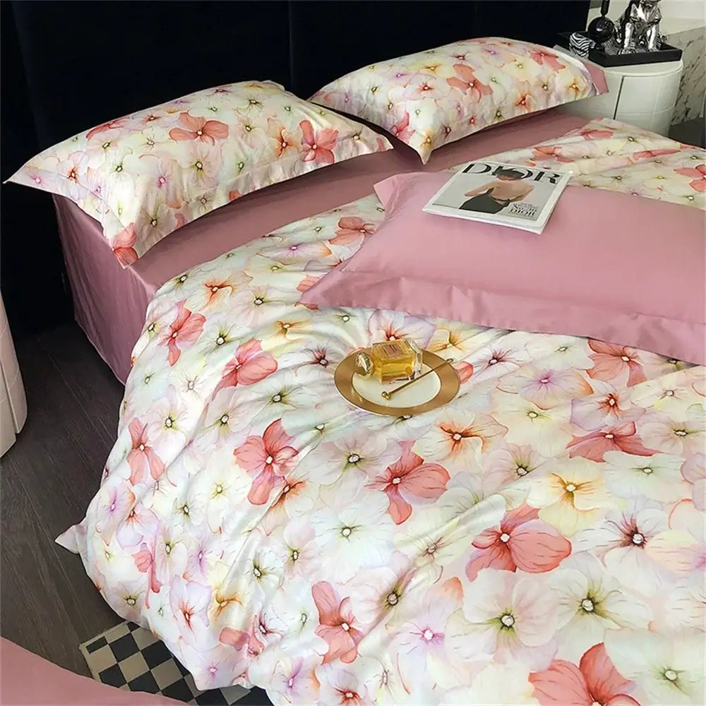Pink and white floral patterned satin bedding set with delicate pink blossoms in decorbites colorful egyptian cotton fabric