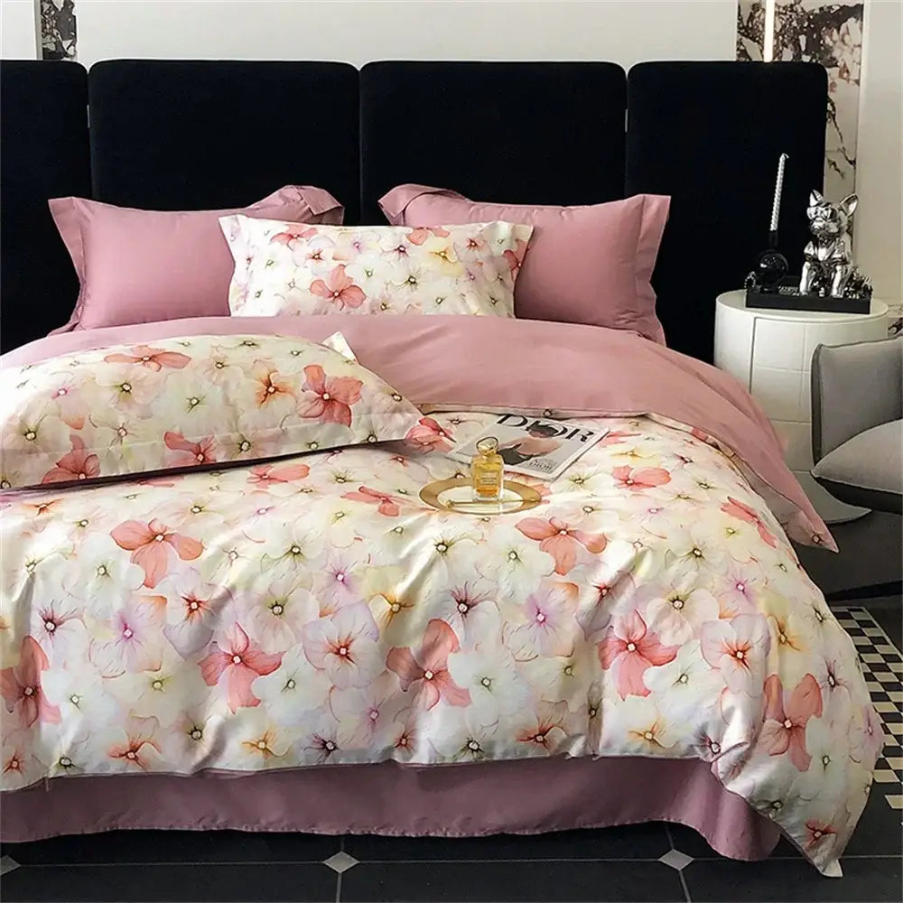 Pink and white floral satin egyptian cotton bedding set with delicate watercolor blossoms for bedroom decorbites colorful egyptian cotton decor