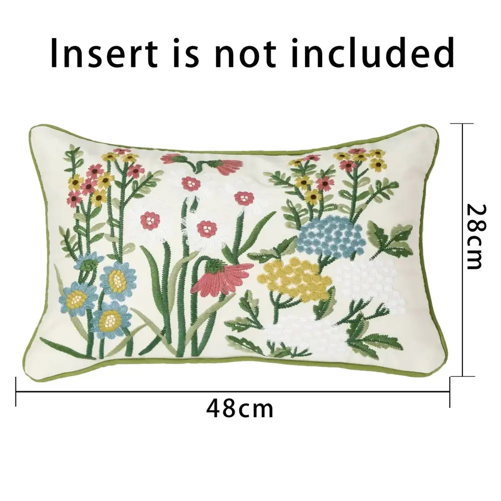 Rectangular white pink flower farmhouse cushion cover with cream embroidered flowers and olive-green border by decorbites 3d pink