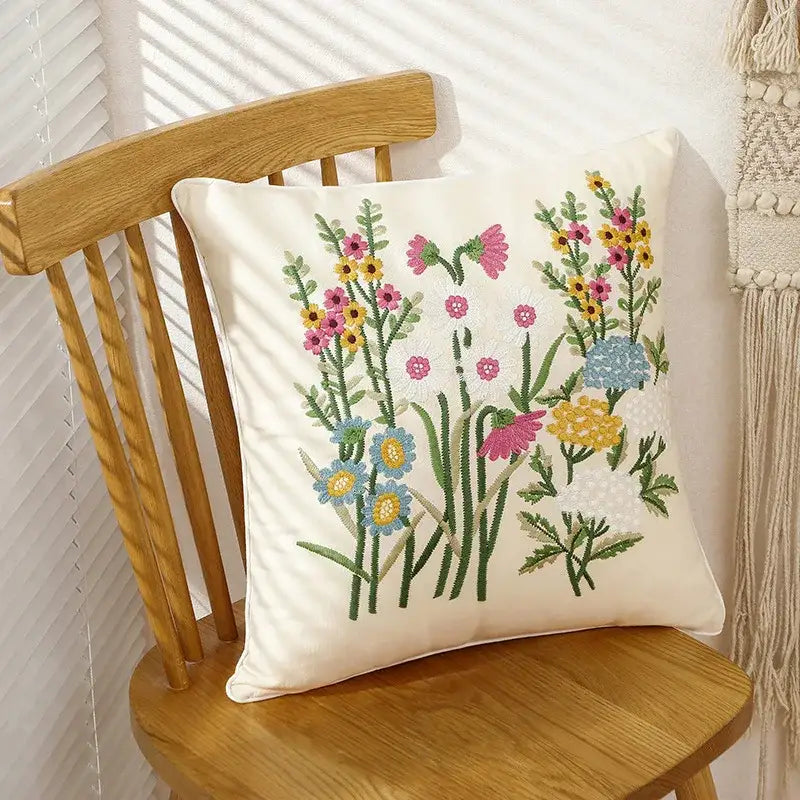 Cream cushion cover with intricate pink flower farmhouse embroidery perfect for living room decorbites 3d pink decor