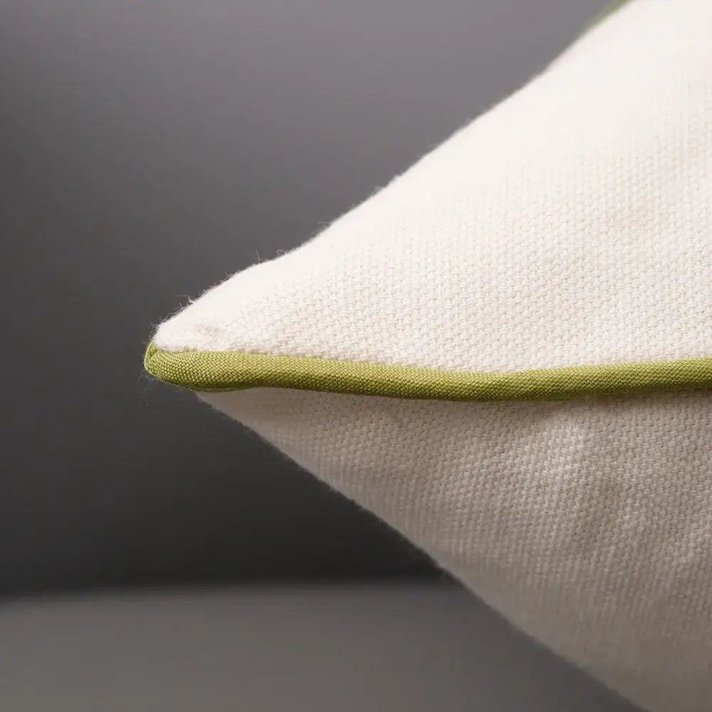 Cream-colored linen cushion cover with subtle olive green stitched border for pink flower farmhouse decorbites 3d pink decor