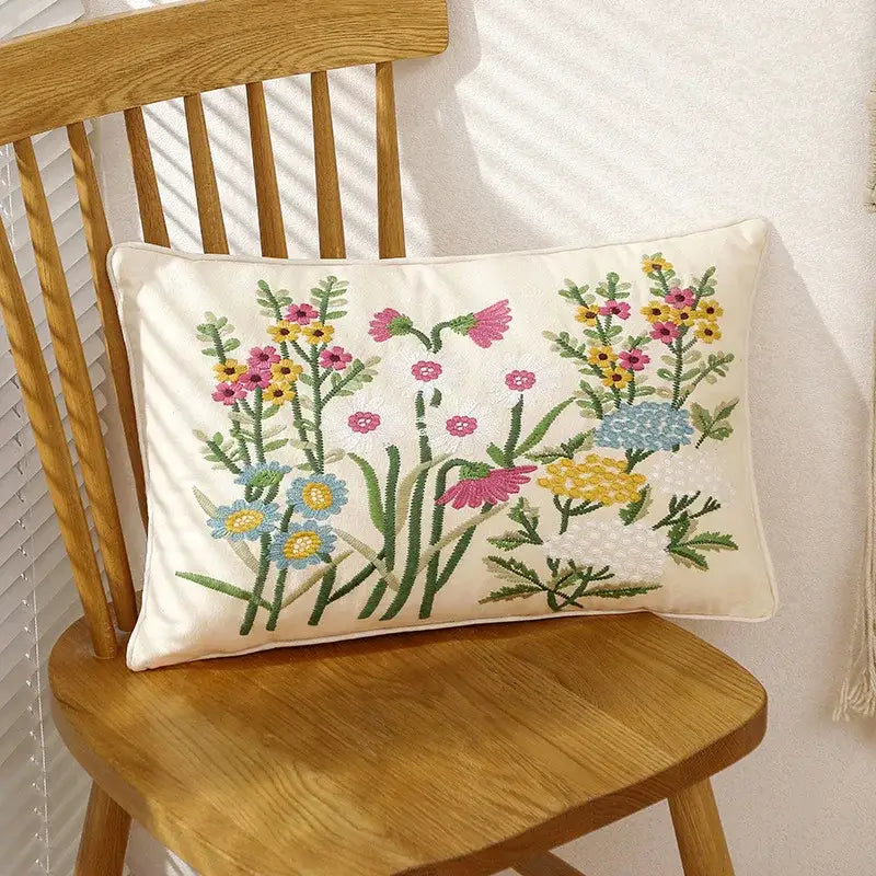 Cream rectangular cushion cover with intricate pink flower farmhouse embroidery for living room decorbites 3d pink design