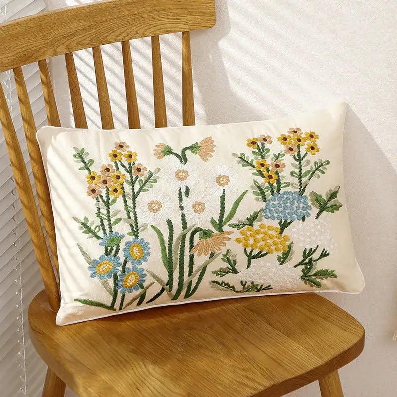 Cream cushion cover with intricate yellow blue and green floral embroidery for pink flower farmhouse decorbites 3d pink style
