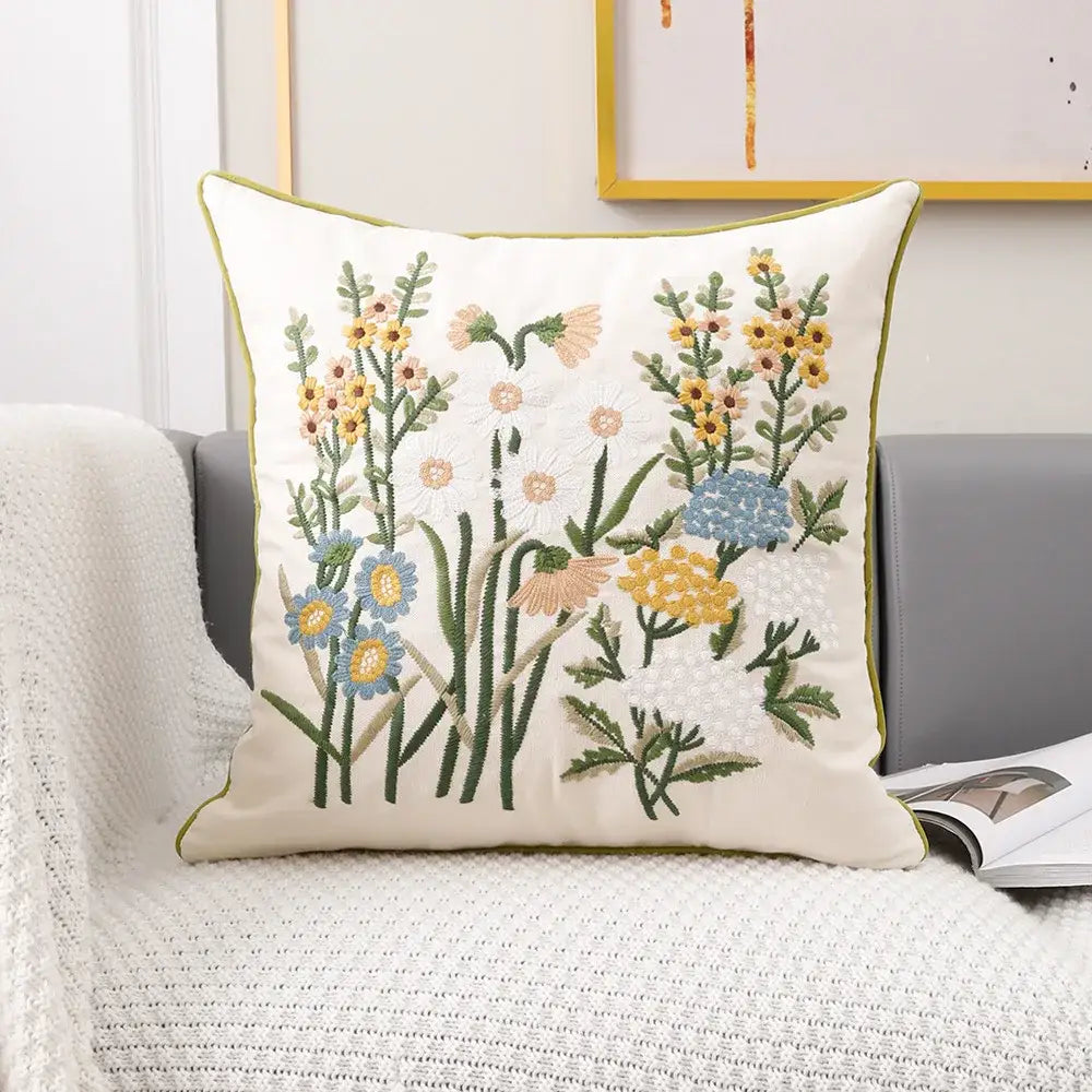 Cream-colored cushion cover with intricate yellow blue and green floral embroidery for pink flower farmhouse decorbites 3d pink decor