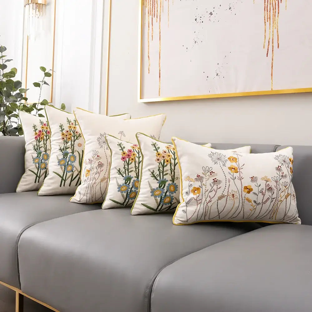 Beige cushion cover with intricate yellow blue and green floral embroidery and gold trim for pink flower farmhouse decorbites 3d pink decor