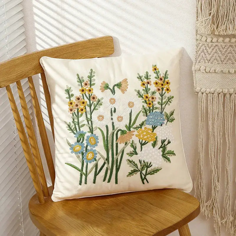 Cream-colored cushion cover with intricate embroidered yellow blue and green floral design for pink flower farmhouse decorbites 3d pink style