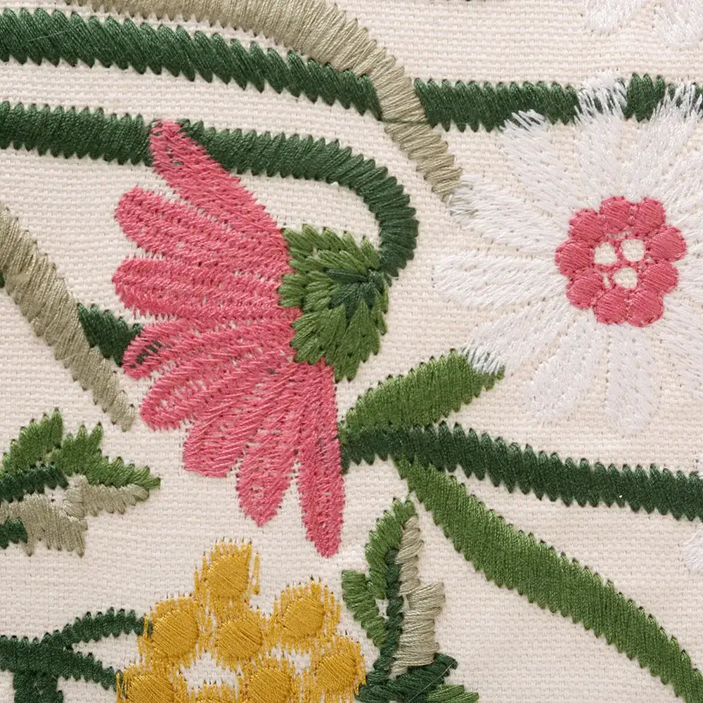 Pink flower farmhouse cushion cover featuring vibrant embroidered pink white and yellow flowers on cream decorbites 3d pink background