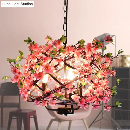 Pink Flower Retro Cage Chandelier with 4 Metallic Bulbs for Restaurant Suspension Lighting