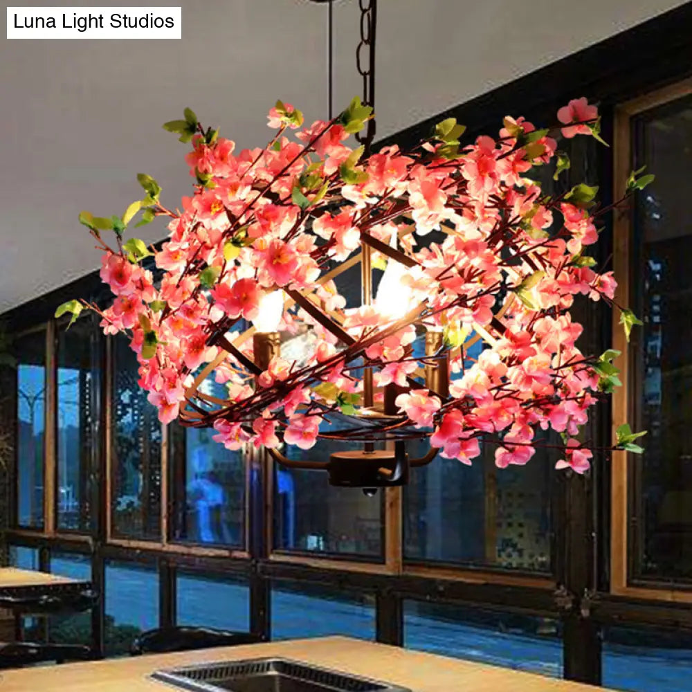 Pink Flower Retro Cage Chandelier with 4 Metallic Bulbs for Restaurant Suspension Lighting