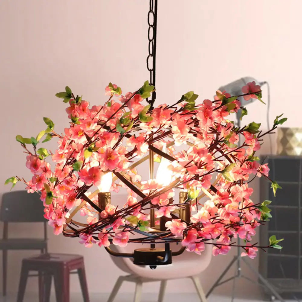 Pink Flower Retro Cage Chandelier with 4 Metallic Bulbs for Restaurant Suspension Lighting