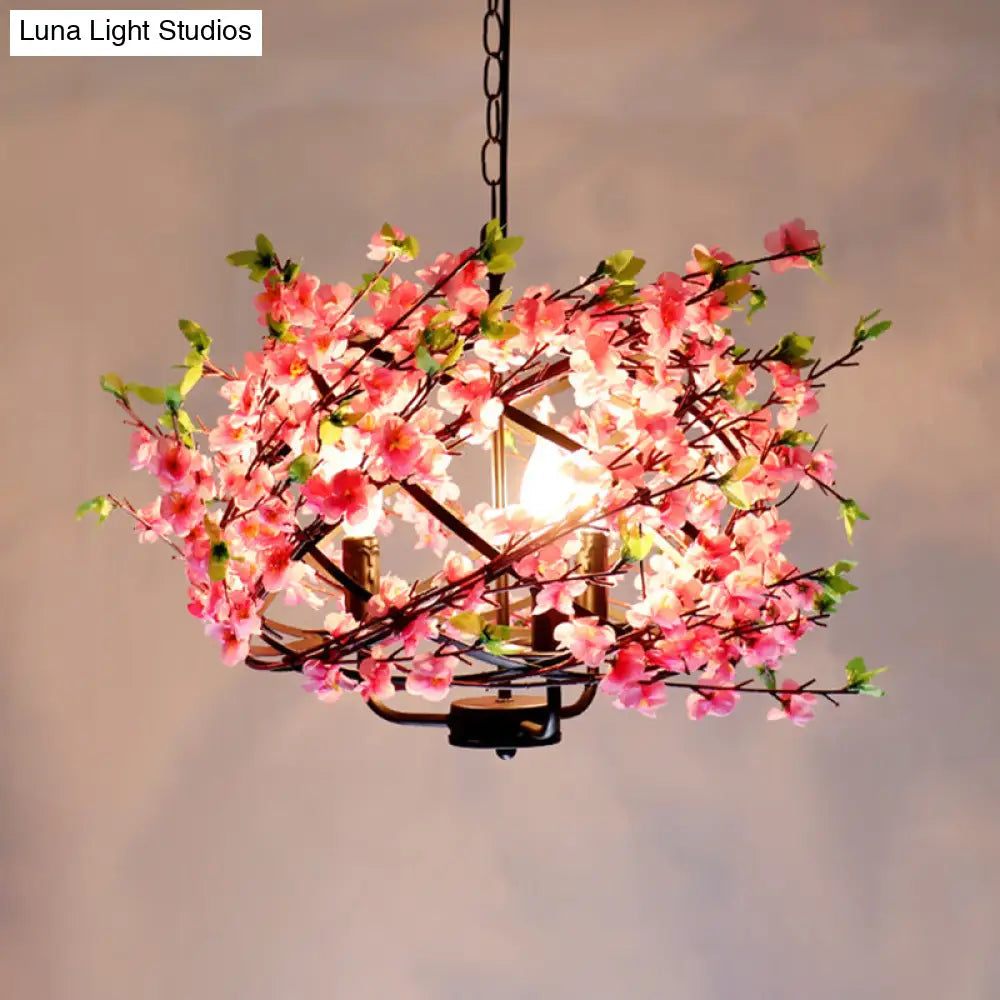 Pink Flower Retro Cage Chandelier with 4 Metallic Bulbs for Restaurant Suspension Lighting