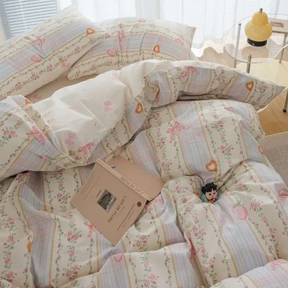 Pink Flowers Duvet Cover Set for Girls and Boys - 11 / set / Double 4pcs 180x220