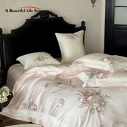 Pink satin bedding set with delicate pink and gray flowers embroidery bedding for elegant bedroom decor