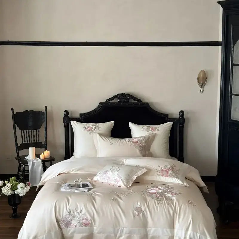 Cream-colored satin bedding set with delicate pink and green flowers embroidery embroidery bedding set