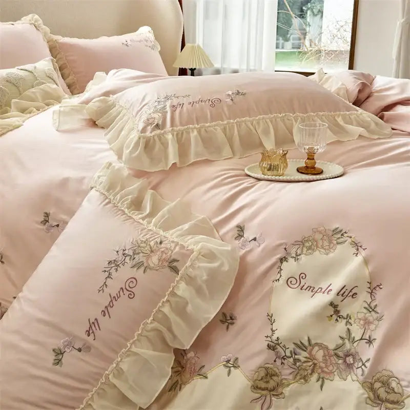 Pink satin bedding set with cream ruffled edges floral embroidery simple life decorbites flowers lace ruffles cotton