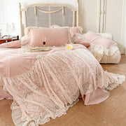 Pink velvet bedding set with french lace ruffles and ruffled edges for elegant decorbites french lace decor
