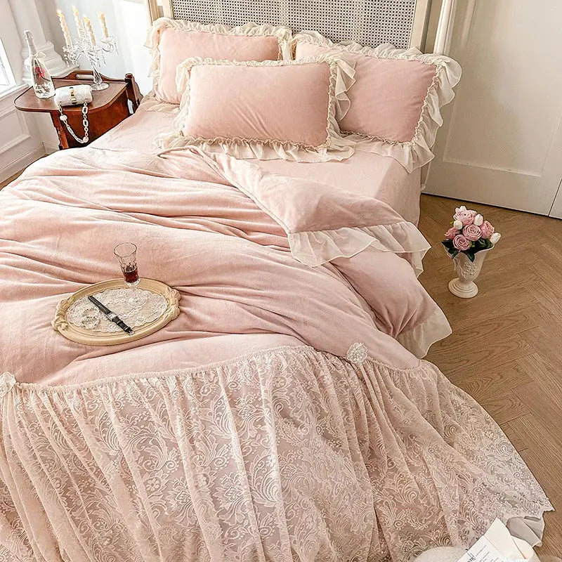 Pink velvet bedding set with delicate french lace ruffles and matching pillowcases for elegant bedroom decorbites french lace design