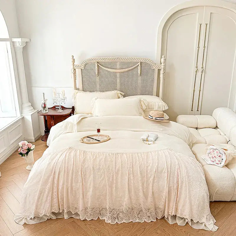Cream-colored lace bedding set with pink french lace ruffles velvet featuring delicate floral embroidery for decorbites french lace decor