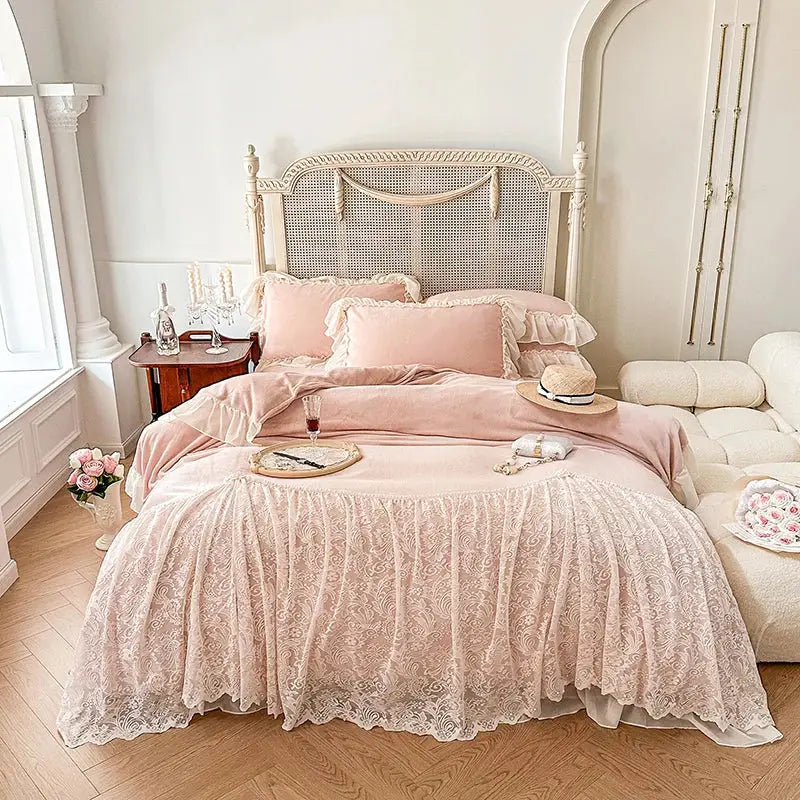 Delicate blush pink lace bedding set with french lace ruffles and velvet texture for elegant bedroom decorbites decor