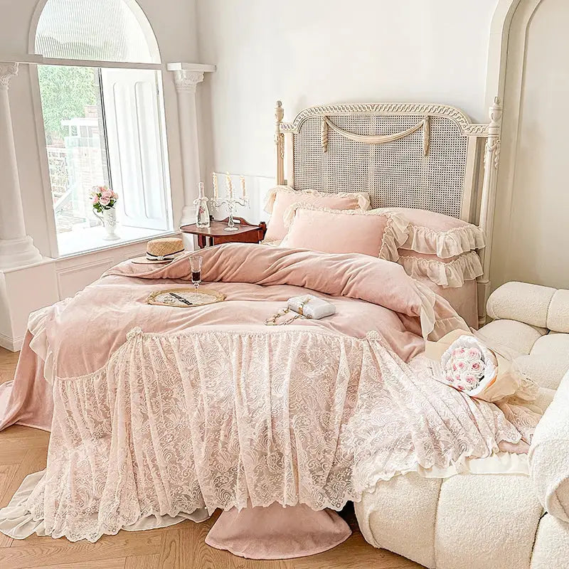 Pink velvet bedding set with french lace ruffles and layered pillowcases for romantic decorbites french lace bedroom decor