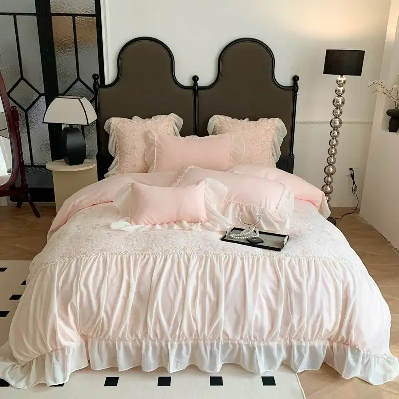 Pink french princess bedding set with lace detailing and soft ruffled fabric for elegant bedroom decor
