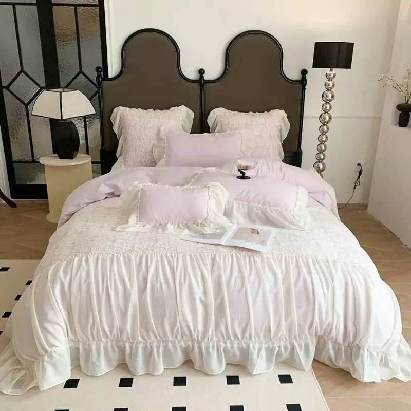 A soft lavender and white ruffled bedding set with delicate lace detailing from pink french princess bedding collection