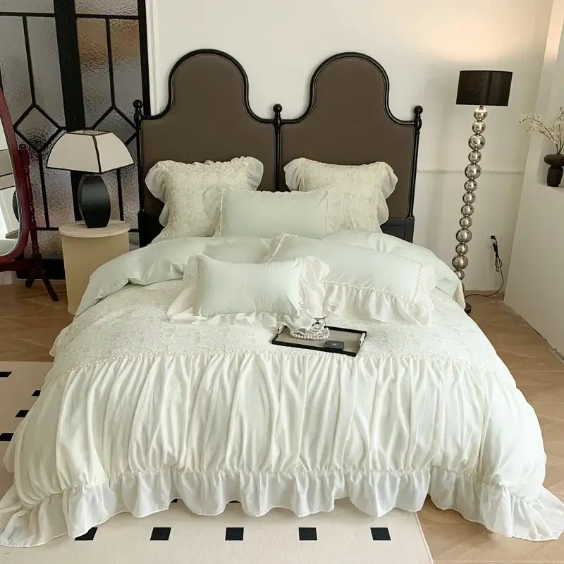 White ruffled bedding set with delicate lace detailing and soft texture for pink french princess bedding decor