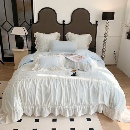White ruffled duvet bedding set with delicate lace detailing and soft fabric in pink french princess bedding decor