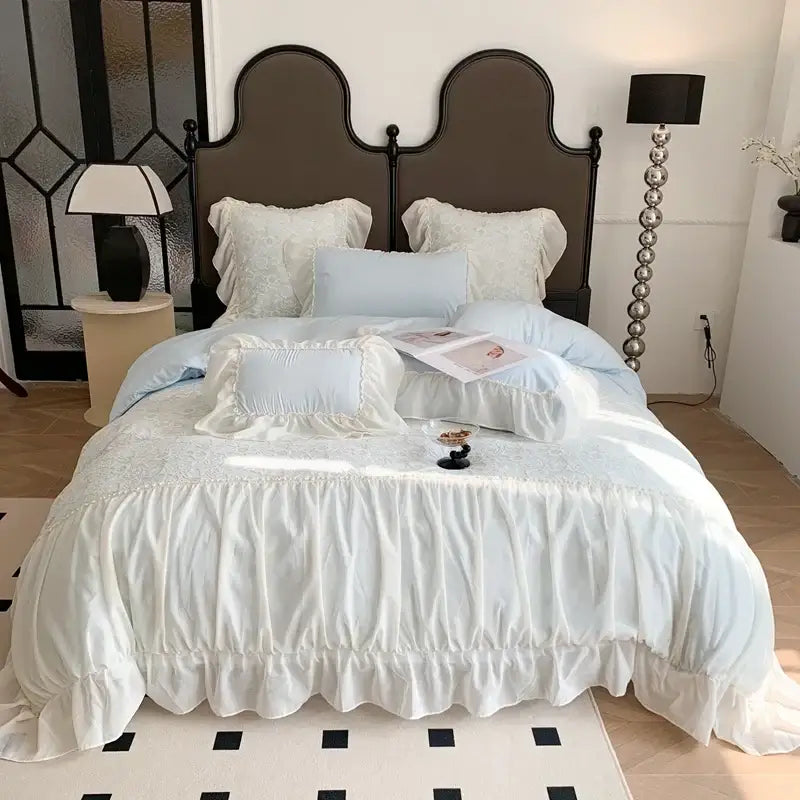 White ruffled duvet bedding set with delicate lace detailing and soft fabric in pink french princess bedding decor