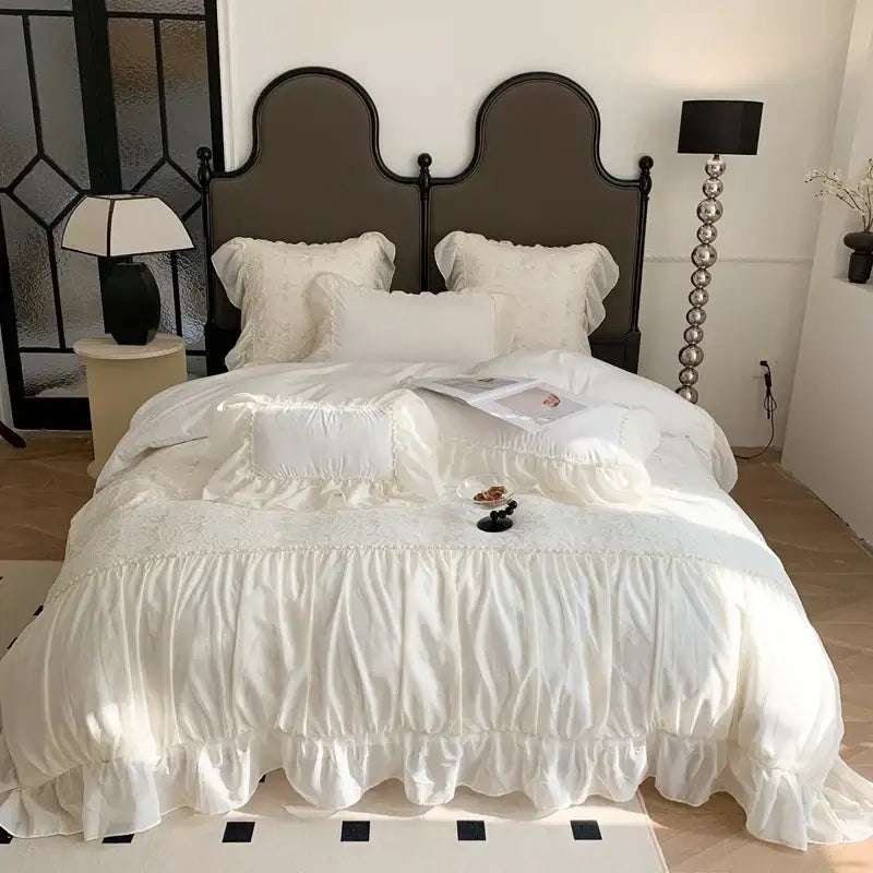 White ruffled bedding set with lace detailing and soft fabric for pink french princess bedding bedroom decor