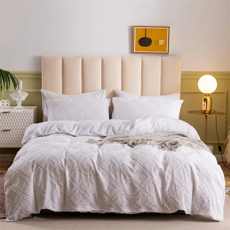 White quilted duvet set with diamond pattern as part of decorbites geometric cut flowers bedding set