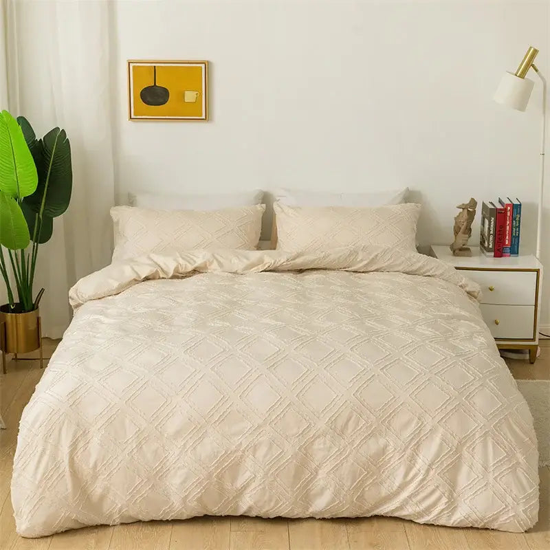 Cream-colored quilted duvet cover with diamond pattern from pink geometric cut flowers bedding set by decorbites geometric cut