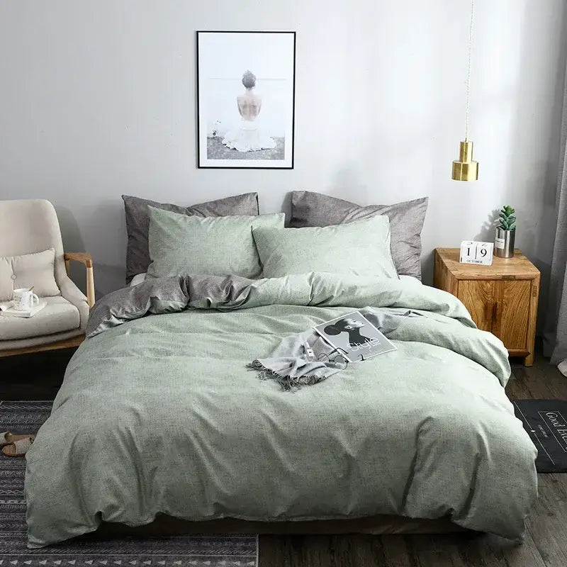 Mint green linen duvet cover set with matching pillowcases and subtle textured weave for bedroom bedding